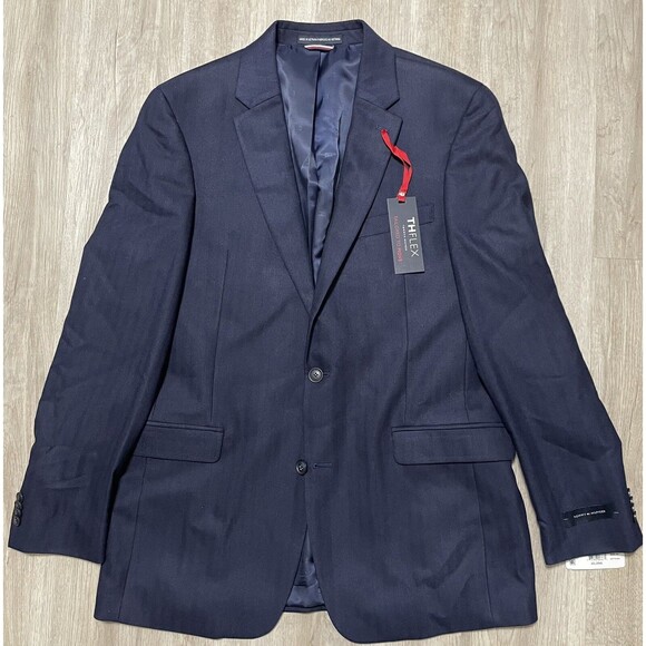 TOMMY HILFIGER Men's Modern-Fit TH Flex Navy Blue Herringbone Sport Coat 36S - Picture 3 of 7